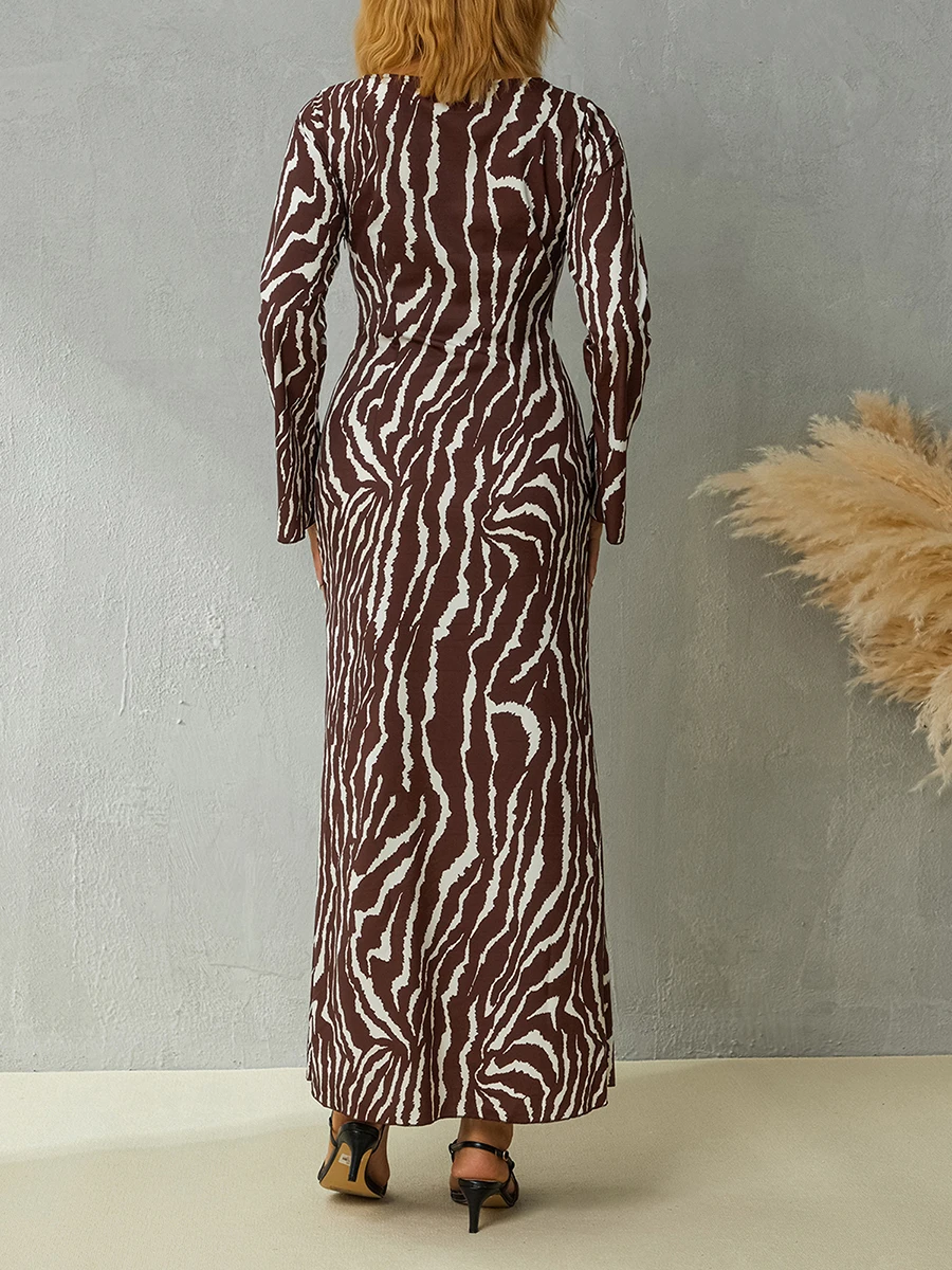 Women Zebra Print Long Sleeve Long Dress Flared Cuff Slim Party Dress Evening Gown Streeetwear