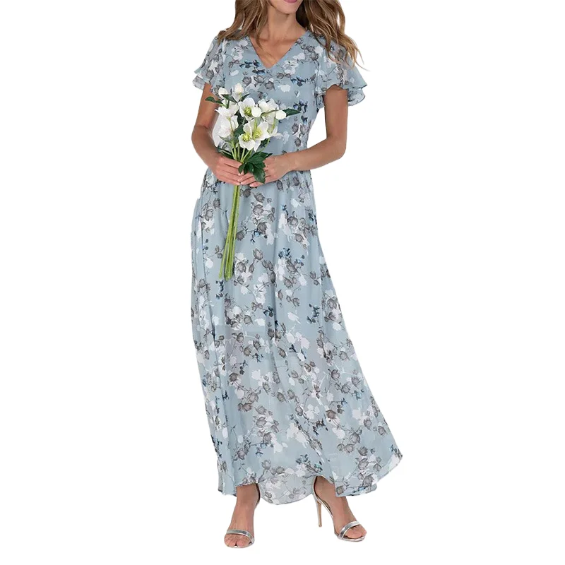 

New Comfortable Casual Versatile Beach Sweet Chiffon Floral Short Sleeved Ruffle V-neck Fashionable Waist Cinching Dress