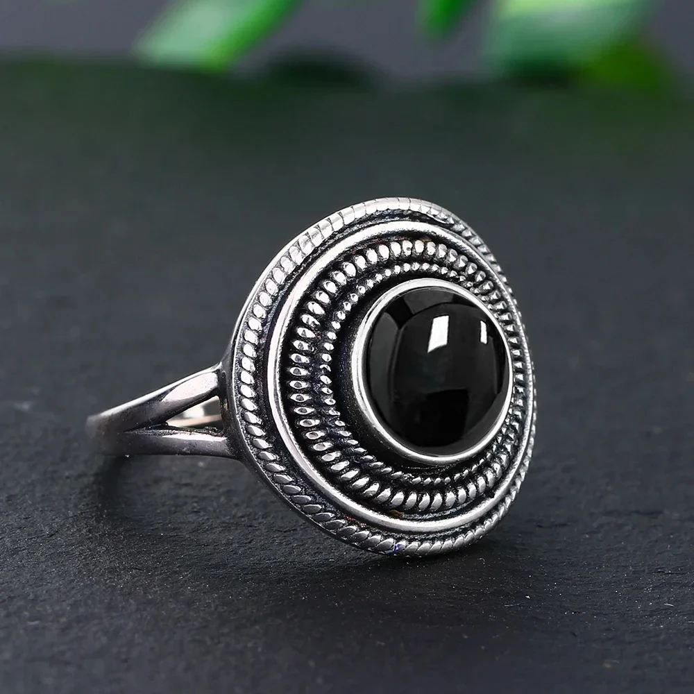 925 Sterling Silver Natural Black Agate Jewelry Round 8mm Labradorite Vintage Rings for Women Gift Fine jewelry