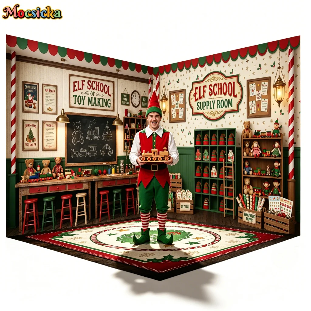 Mocsicka  3D Corner Room Photography Background Christmas Elf School Decoration Kids Xmas Holiday Party Portrait Studio Props