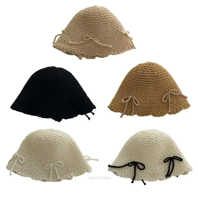 X5XA Woman Crochet Bucket Hat with Bowknot Decals Floppy Hat for Travel Casual