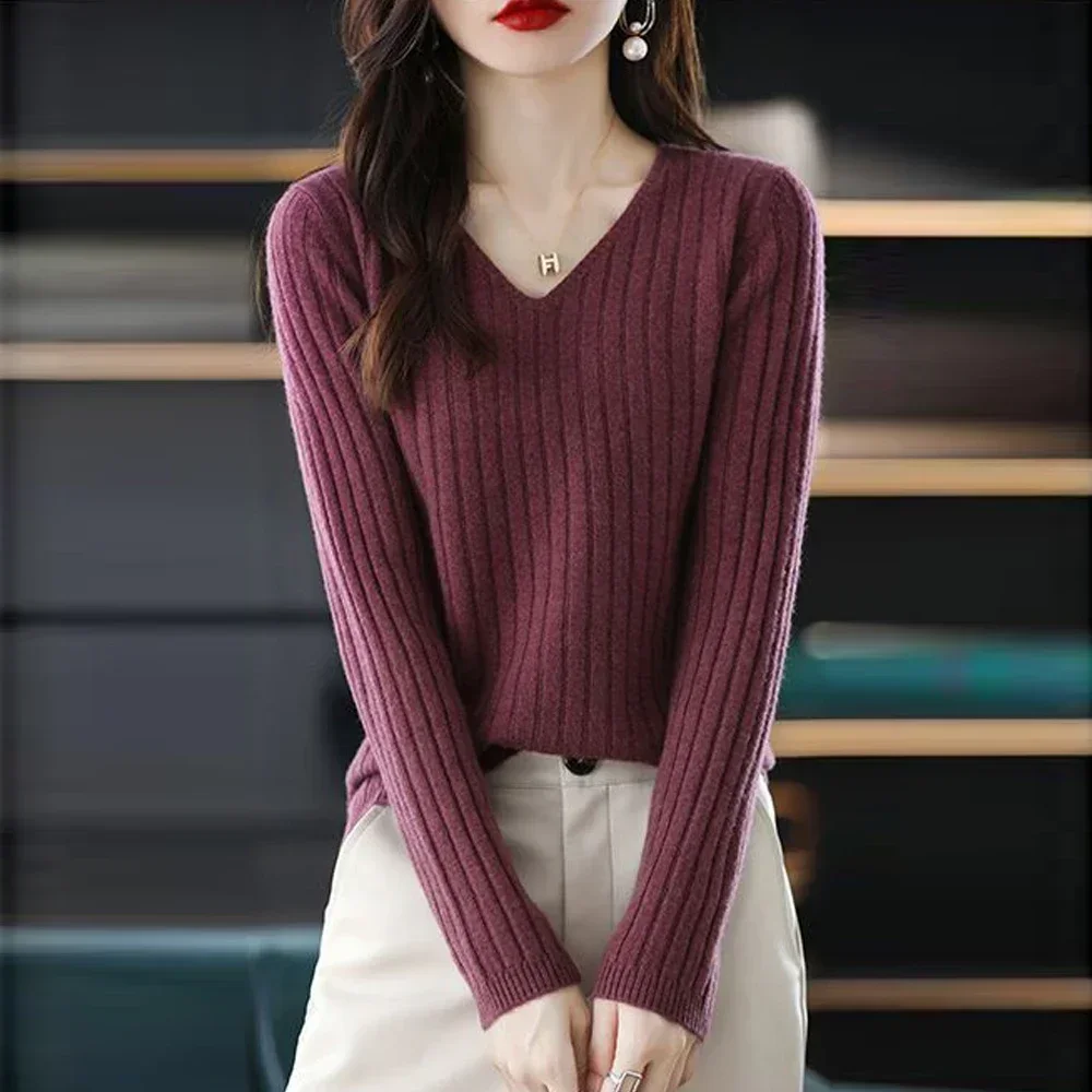 Stretch V-neck Full Sleeved Knitted Sweater Girl Black Red Coffee Yellow Long Sleeved T Shirt Womens Knitwear Tops A RAN A YUE