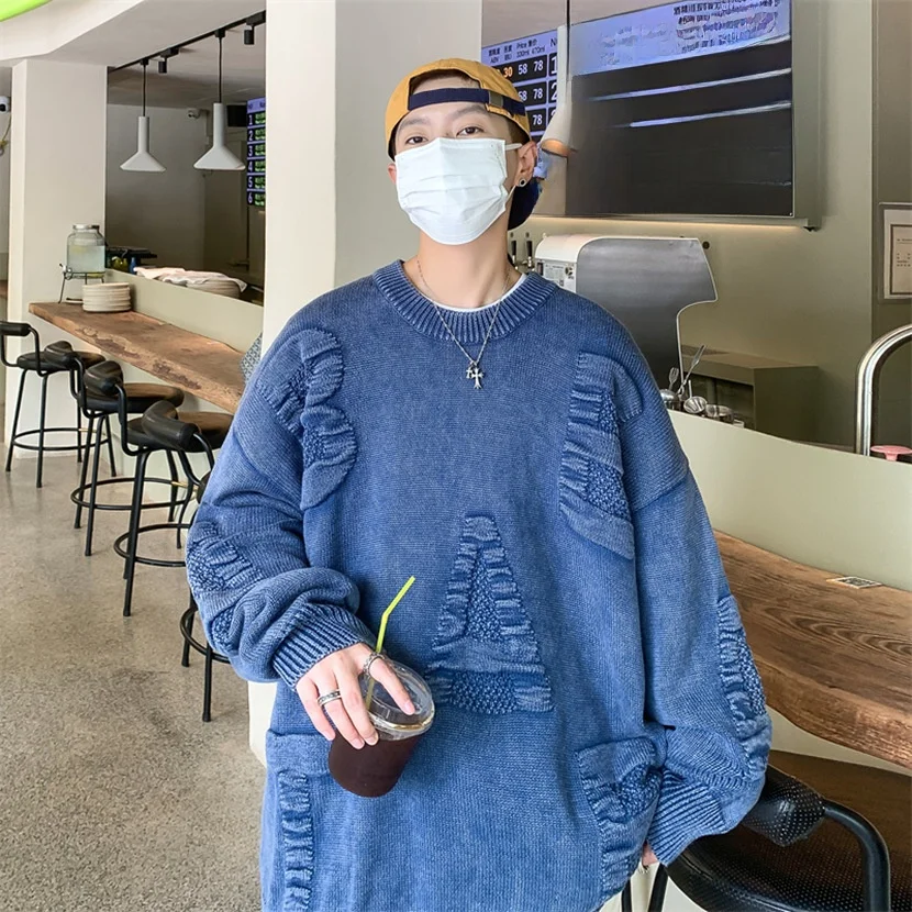 

Loose Fit Long Sve round Ne Knitwear Men's Spring Autumn Vintage Hong Kong Sle Casual Comfortable Overhead Sweater