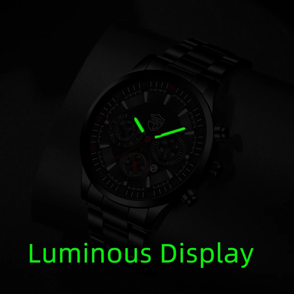 Fashion Mens Watches Set Luxury Men Sports Black Stainless Steel Quartz Watch Man Business Casual Wrist Watch