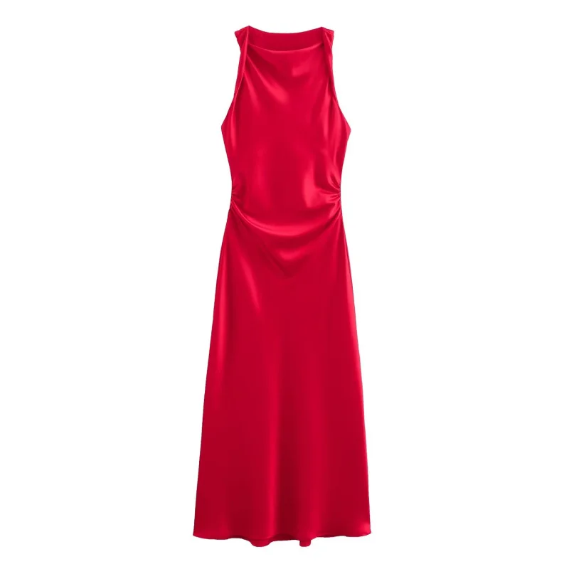ETJ 2026 Elegantes Satin-Slip-Kleid für Damen Ärmellos mit Wasserfallausschnitt Figurbetontes Midikleid Vintage-Chic Partykleid Robe Femme Bekleidung – Detail 31
