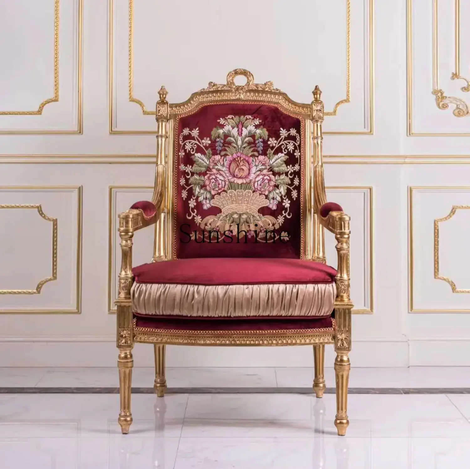 European French solid wood armrest fabric casual master sofa chair luxury living room bedroom engraving red