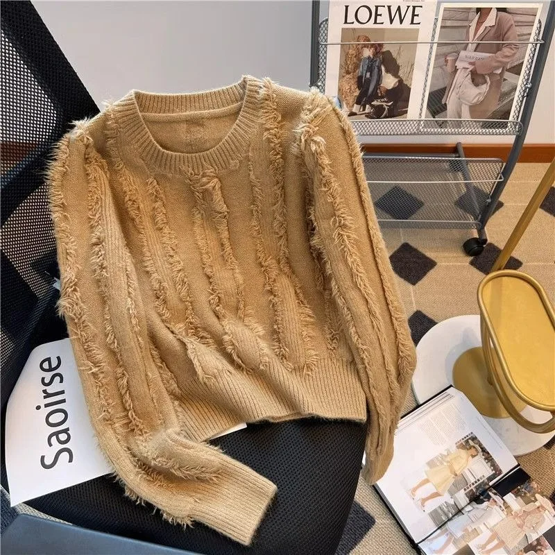 2024 Autumn New Korean Style Solid Color Niche Loose Fringed Rough Edge Knitted Chic Long Sleeve Sweater Pullover Top