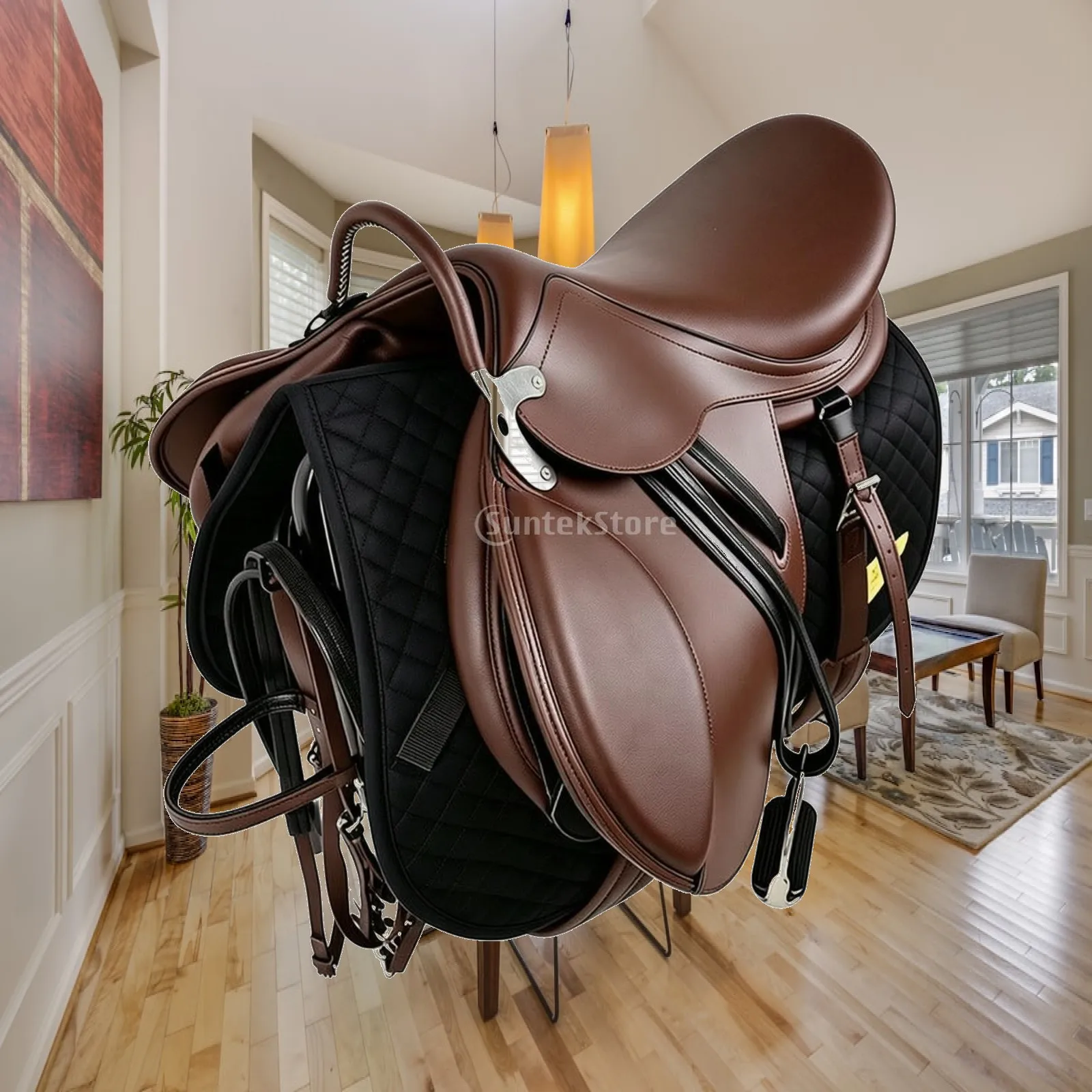 All Purpose Horse Training Saddle Leather Brown with Stirrups Equestrian English Tack for Arena Riding Lessons