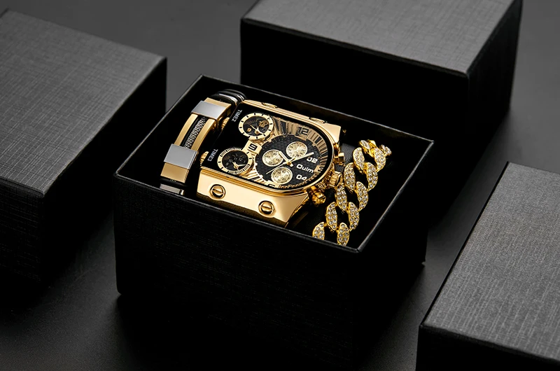 Gift Set Luxury Men Watch Chronograph Gold Watches Hip Hop Bracelets Big Dial Male Golden New Wristwatch Clock Relogio Masculino