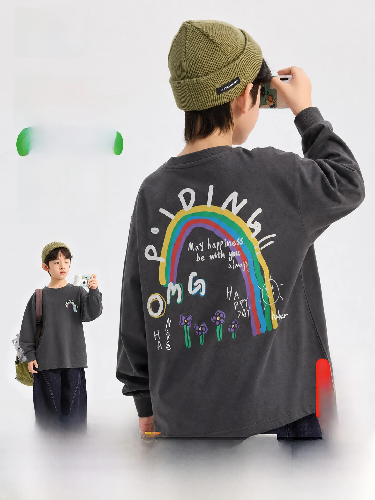 Rainbow Graffiti Long Sleeve Cotton T-Shirt for Boys Kids Fashion Basic Layering Shirt Korean Style Loose Fit Autumn New Arrival