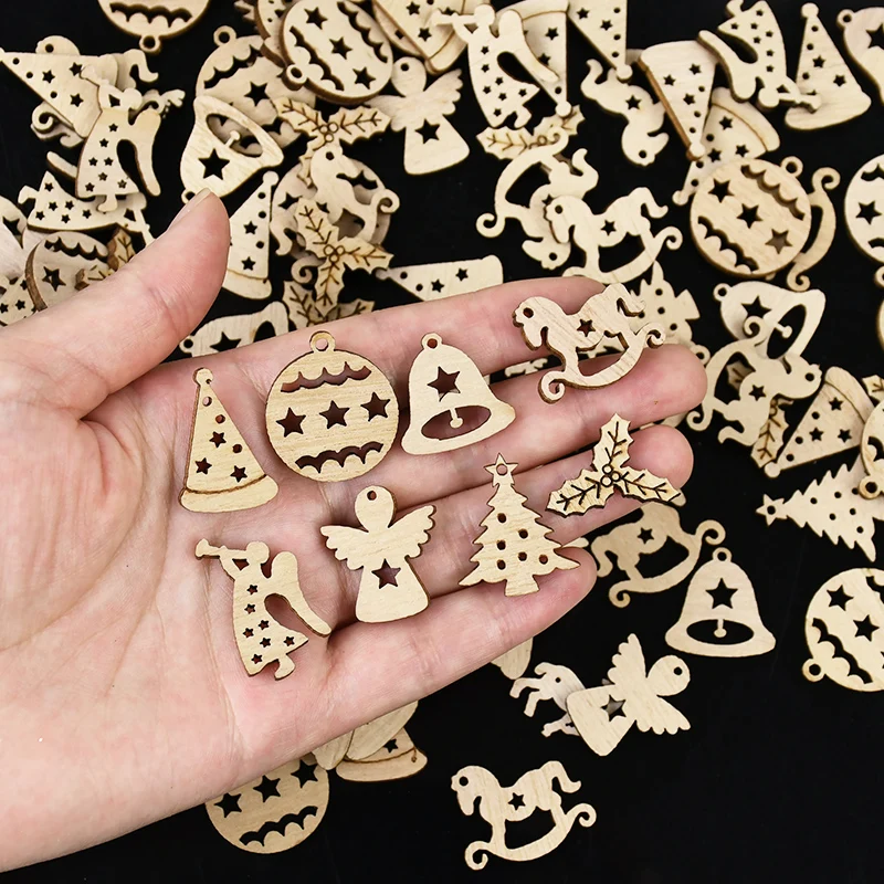 

50pcs Christmas Natural Wooden Chip Santa Claus Snowflake Deer Christmas Tree Hanging Ornaments Pendant Navidad Decor DIY Craft