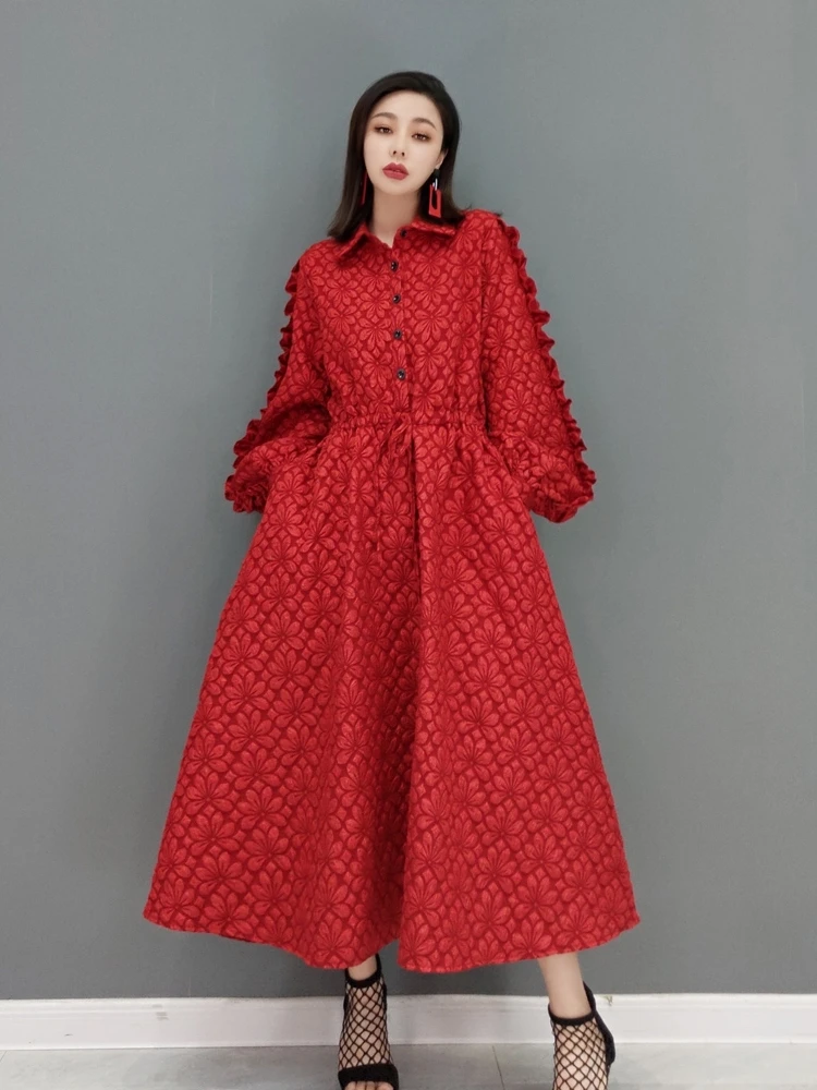 

SuperAen 2024 Summer New Fashion Dress Red Jacquard Dress Waist Wrapped Casual Loose Dress