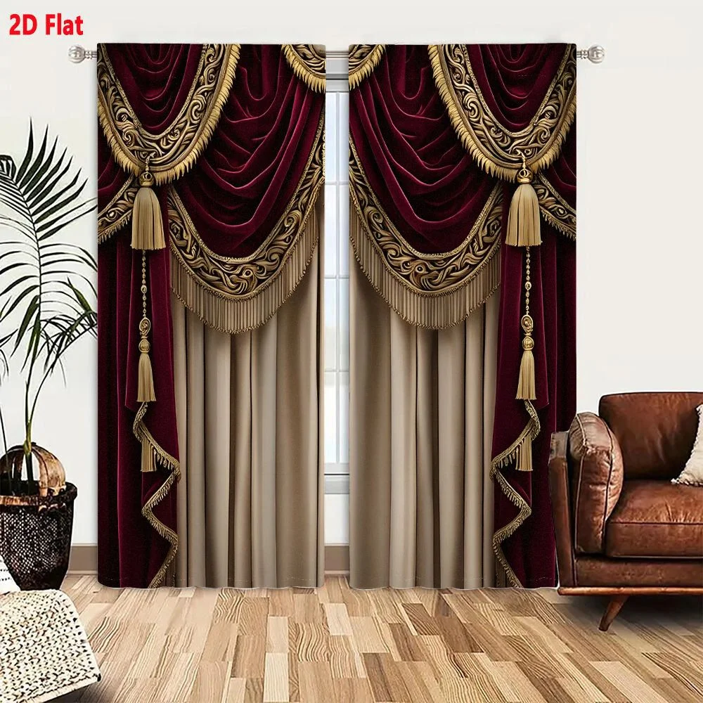 2Pcs Curtains Luxurious Burgundy Velvet Theater Curtain With Gold Embroidery And Beige Backdrop Window Drapes for Bedroom Room D