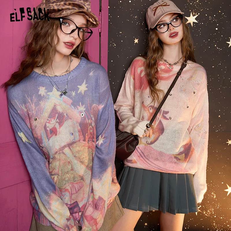 ELFSACK 2024 Autumn New Arrive Fox pink full print mohair long sleeve design slimming sweater for women