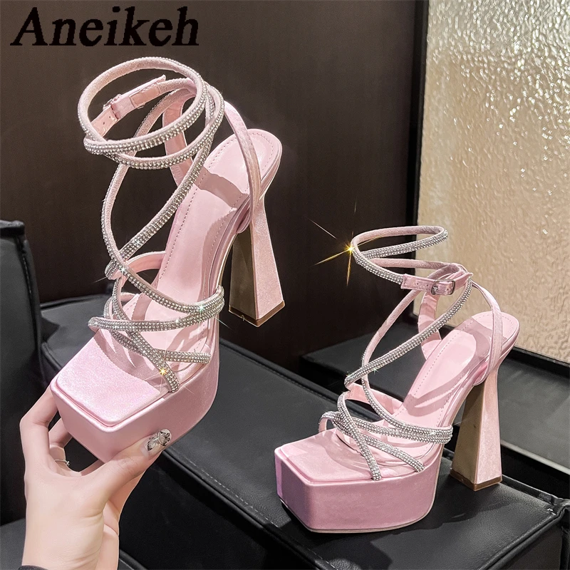 Aneikeh Water Diamond Hollow Open Toe Fashion Sexy Super High Heel Sandals Night Club Steel Pipe Dance Shoes Gladiator Sandals