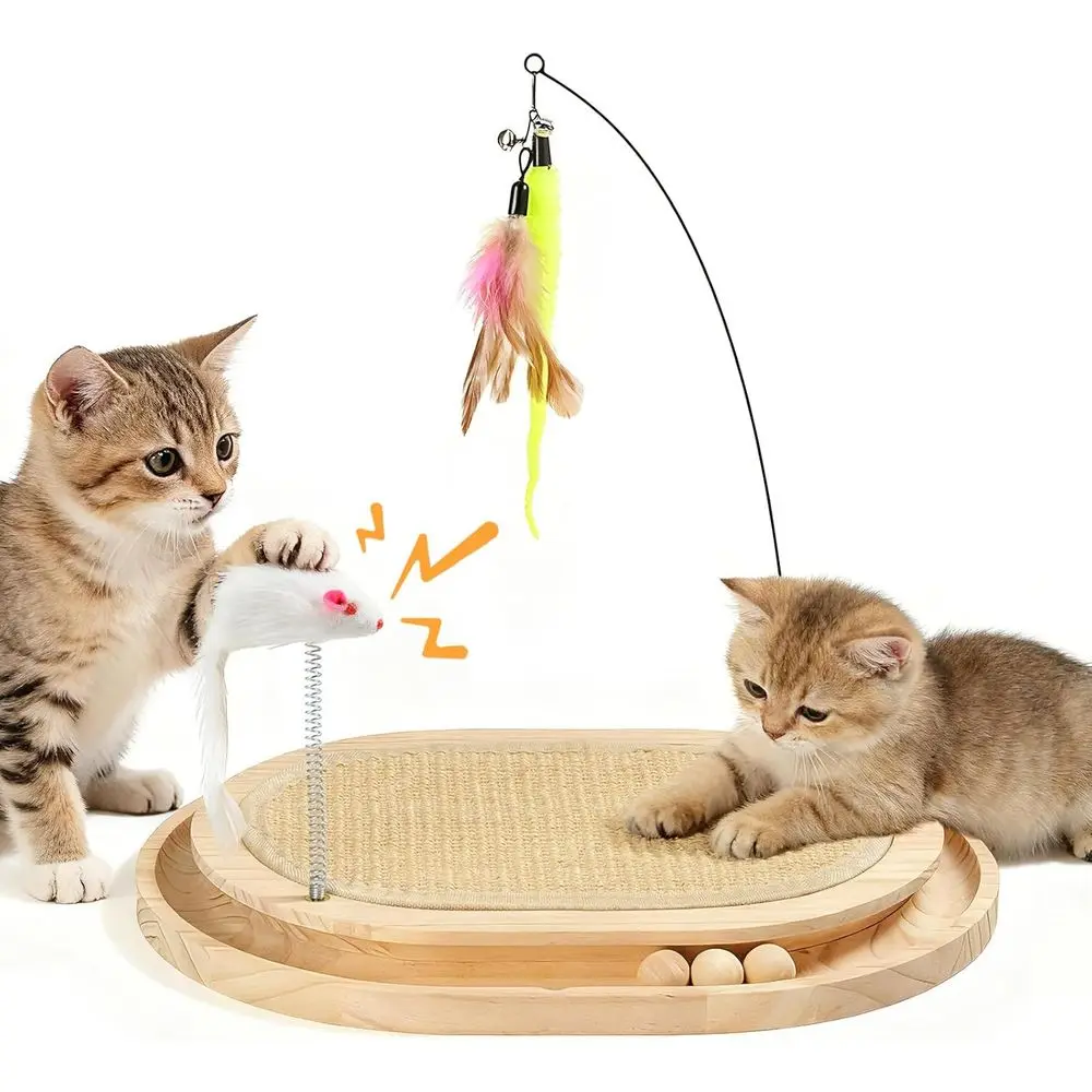 

Natural Sisal Scratching Pad with Ball Track and 3 Plush Toys for Kitten Play and Exercise