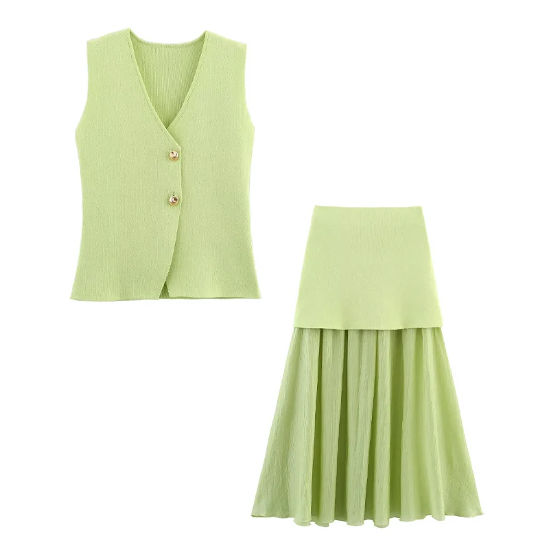 SMVP Women 2 Piece Set Chic V-Neck Sleeveless Button Knitted Vest Top+Splicing High Waist Side Zipper Ankle-Length Skirt