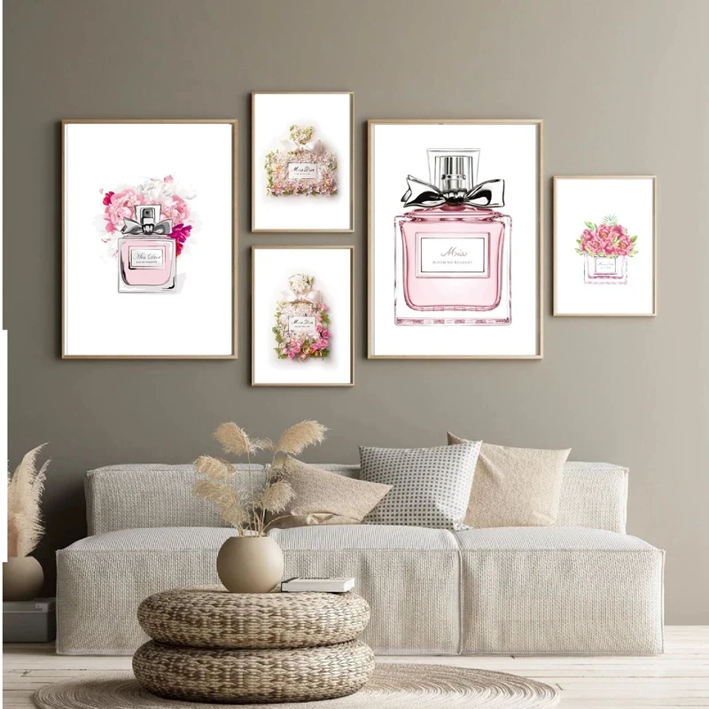 

Pink Perfume Bottle Art Prints and Poster , Perfume Flower Wall Art Fashion Pictures Canvas Painting For Girls Room Modern Decor