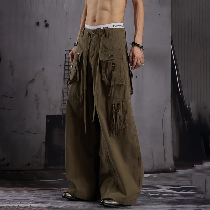 LUZHEN 2026 New Trendy Multi Pockets Design Tassel Decorate Loose Straight Cargo Pants Men's Original Wide Leg Trousers JY9065