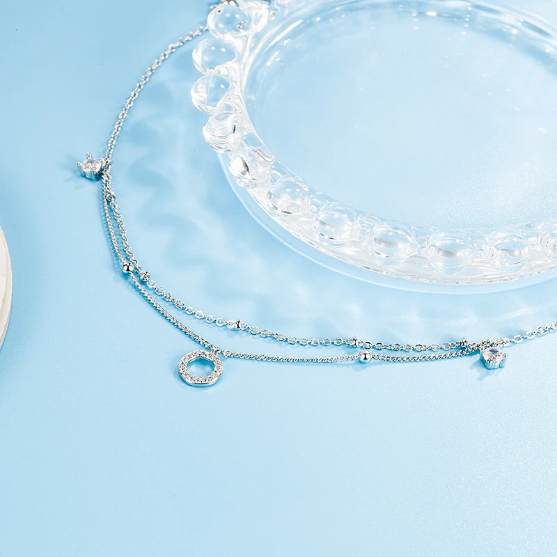 Elegant Round Zircon Pendant Double Layer 925 Sterling Silver Ankles Women Jewelry Fashion Adjustable Rhinestone CZ Foot Chain view 4