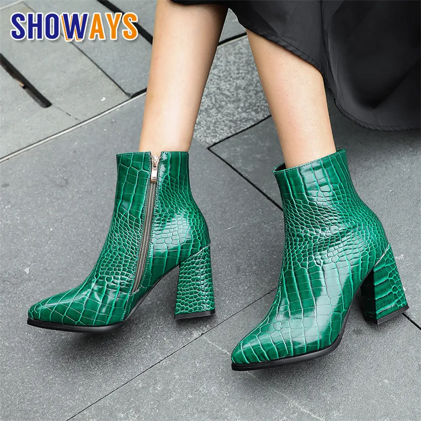 Wysokiej jakoลci damskie botki wysokie kwadratowe obcasy czerwone czarne tekstura skรณry krokodyla zimowe Party Office Lady Pointed Toe Zipper