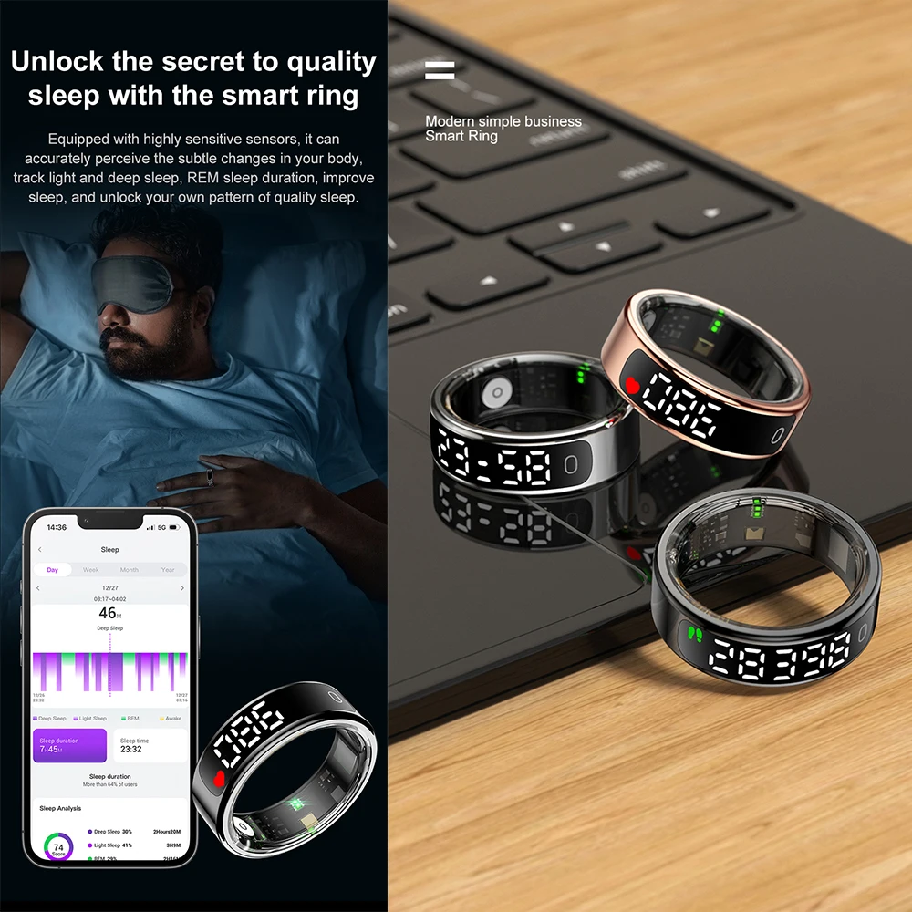 R13 ผู้ชายผู้หญิงสมาร์ทแหวนหน้าจอสแตนเลส 5ATM กันน้ําฟิตเนสแหวน Heart Rate เลือดออกซิเจน Sleep Monitor
