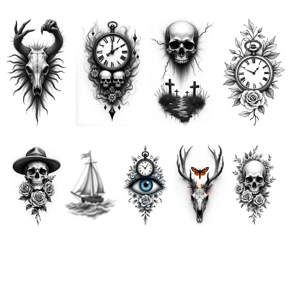 Tatouage temporaire imperméable et durable, 3 pièces, autocollants pour le corps, crâne de cerf avec papillon, bateau sur les vagues, œil avec horloge pour adultes