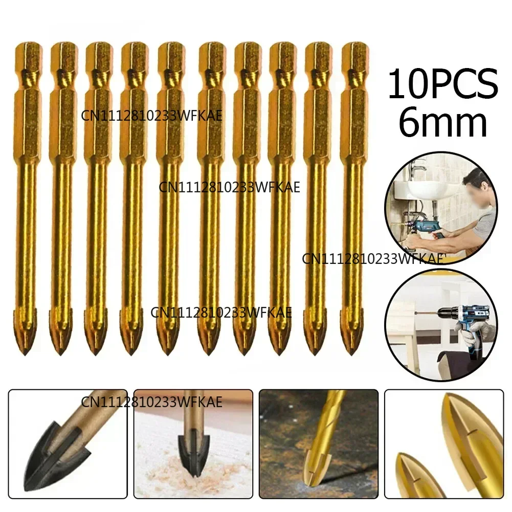 10pcs 6mm Drill Bits Set Ceramic Tile Marble Glass Hole Opener Spear Head Hex Shank Punching Hole Drilling Tool