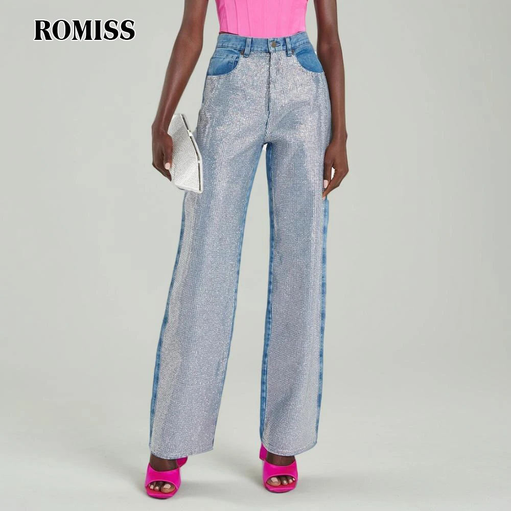 

ROMISS Patchwork Diamonds Fashion Straight Jeans For Women High Waist Casual Loose Denim Wide Leg Pants Female Style New