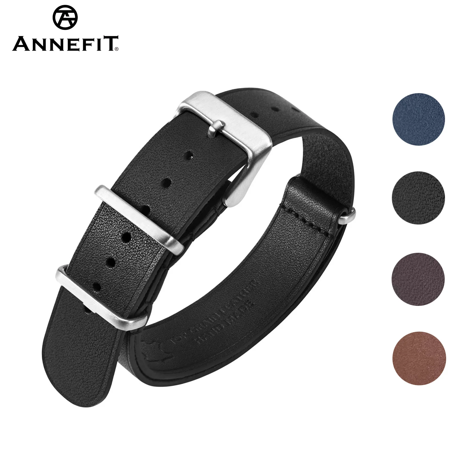 ANNEFIT Leather Watch Band 18mm 20mm 22mm, Genuine Calfskin One-Piece Military Watch Straps for Men and Women Black Brown Blue