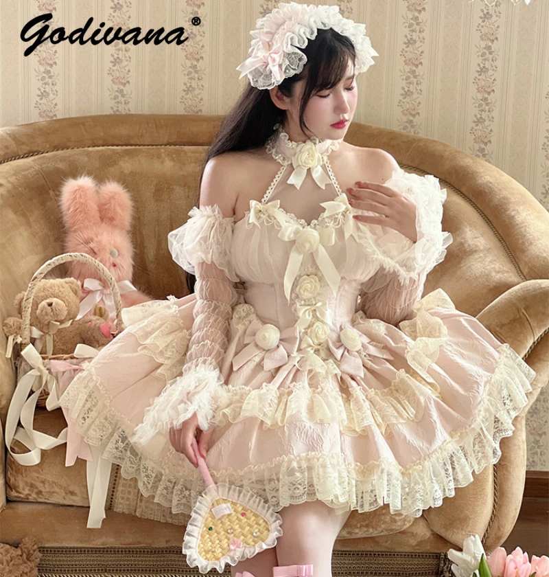 

Romantic Girl 2024 New Spring Summer Heart Atmosphere Fairy Lace Bow Princess Strapless Dress Women's Halter Pettiskirt