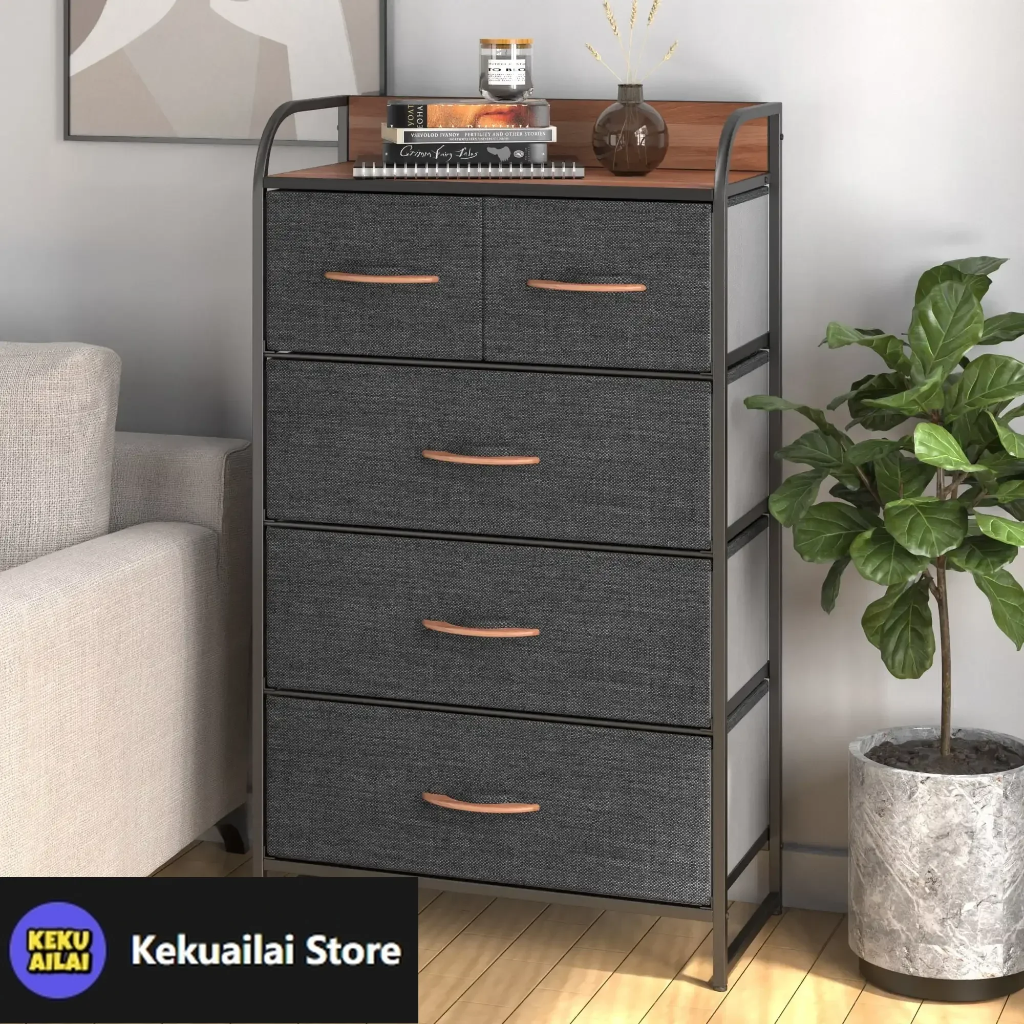 

Fabric Dresser with 5 Drawers Easy Pull Bins Wooden Top for Bedroom, Cool Gray