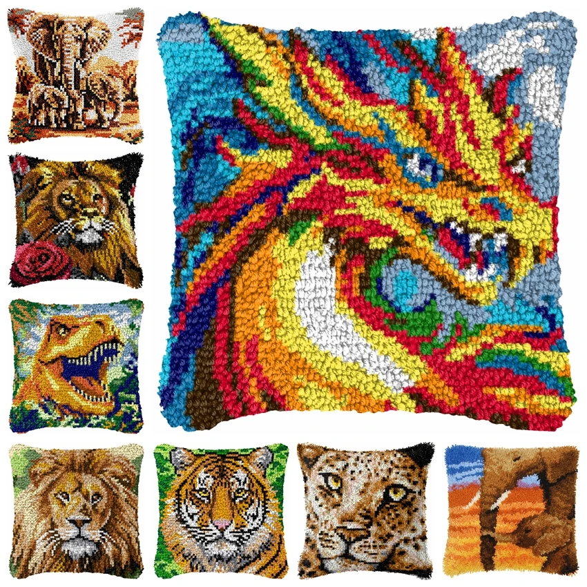 Animals Dragon Tiger Knot Pillow Package Latch Hook Kit Cushion Pillowcase Kussen Set For Needlework Forest Animals Latch Hook