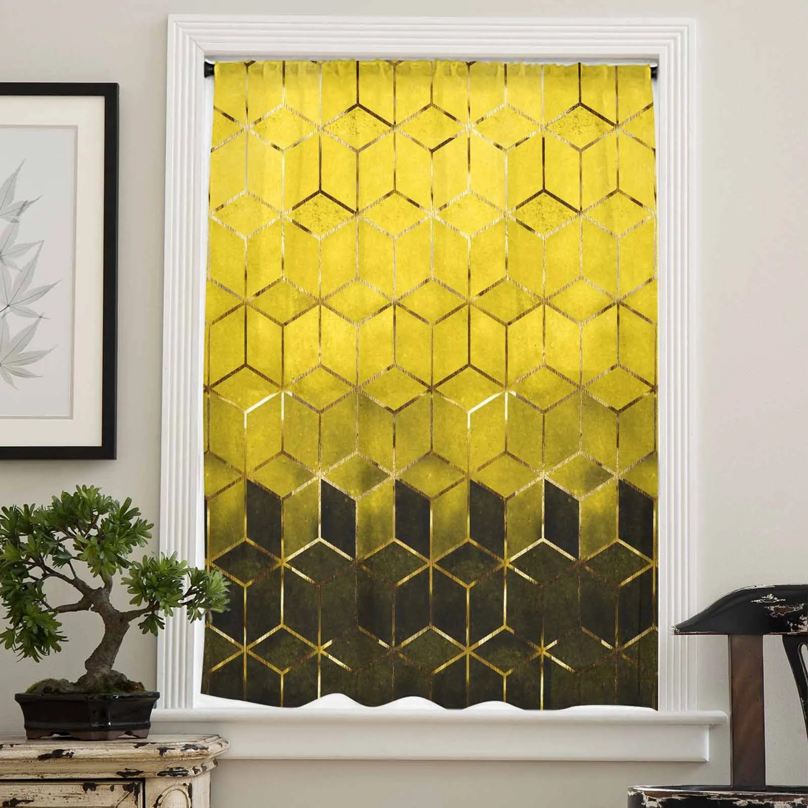 Three Dimensional Geometric Abstract Art Yellow Sheer Curtains for Living Room Bedroom Window Treatment Kitchen Chiffon Curtain