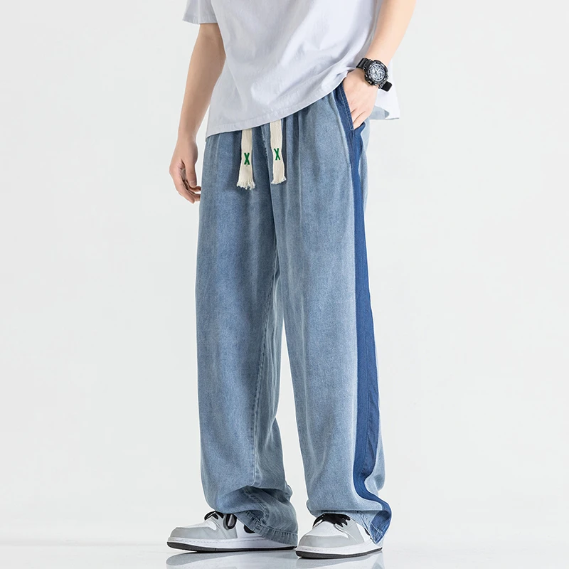 CUMUKKIYP Ice Silk Wide Leg Jeans Men Baggy with Cooling and Breathable Thin Material Lyocell Black Blue Summer