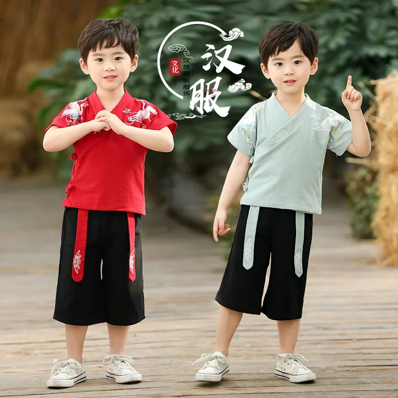 Chinese Traditional Tang Suit Boys Improved Cotton Hemp Crane Embroidery Short Sleeve Shirt Cropped Pants Casual Children Hanfu