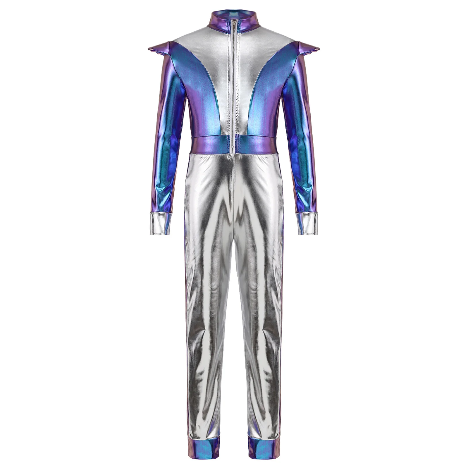Children Halloween Space Alien Cosplay Costume Long Sleeve Metallic Shiny Jumpsuit for Robot Astronaut Galaxy Warrior Dress Up