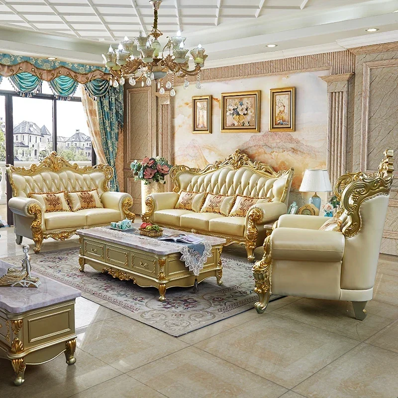

European leather sofa living room solid wood carving flower American villa new luxury furniture