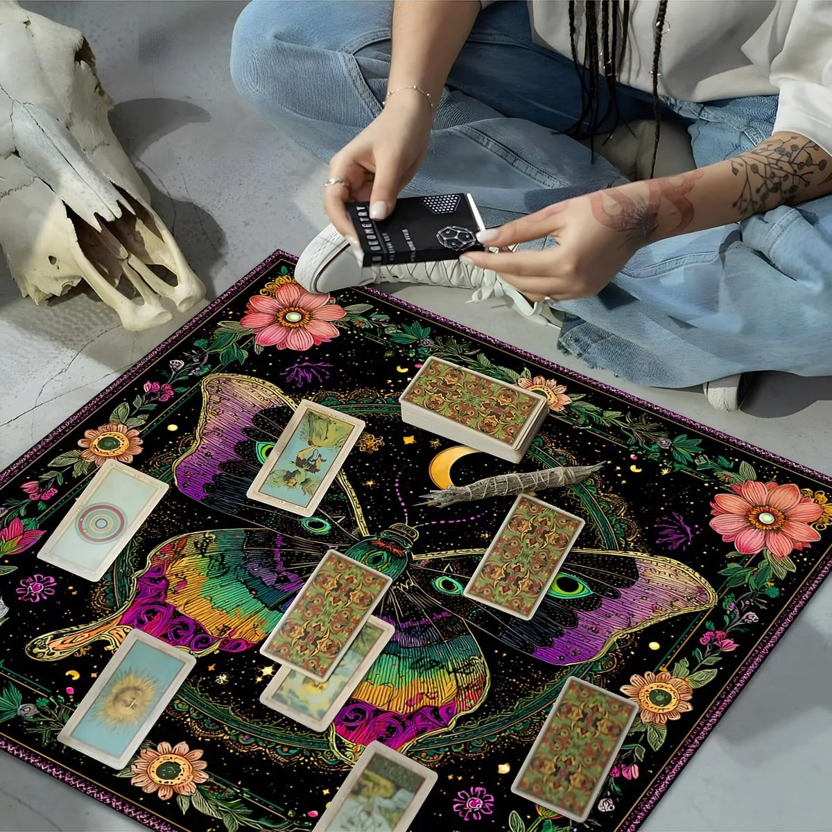 Moth Moon Mystic Pattern Tarot Tablecloth, Altar & Board Game Mat, Spiritual Home Decor