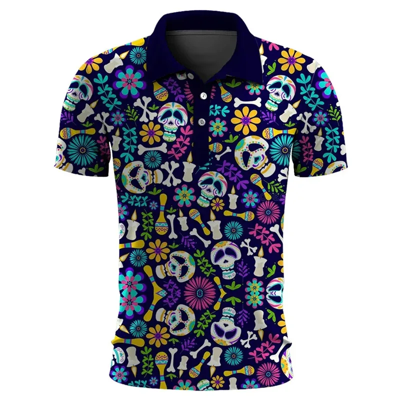 

Funny Skull 3D Print Short Sleeve Polo Shirts For Men Clothes Casual Mexico Lucky Skeleton Graphic Lapel POLO _Shirt Button Tops