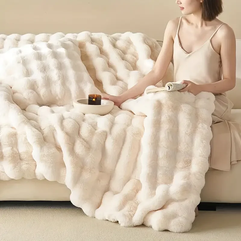 Faux Fur Plush Throw Blanket Warm Winter Double-sided Blankets for Bed Luxury Plaid Shaped Couch Cover for Sofa Pillow Case Gift