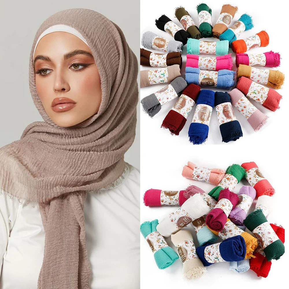 180*90cm Plain 01-65 Colors Crinkle Cotton Shawl Hijab Chic Simple Muslim Women Shawls  ScarvesTurban Islamic Clothing Head Wrap