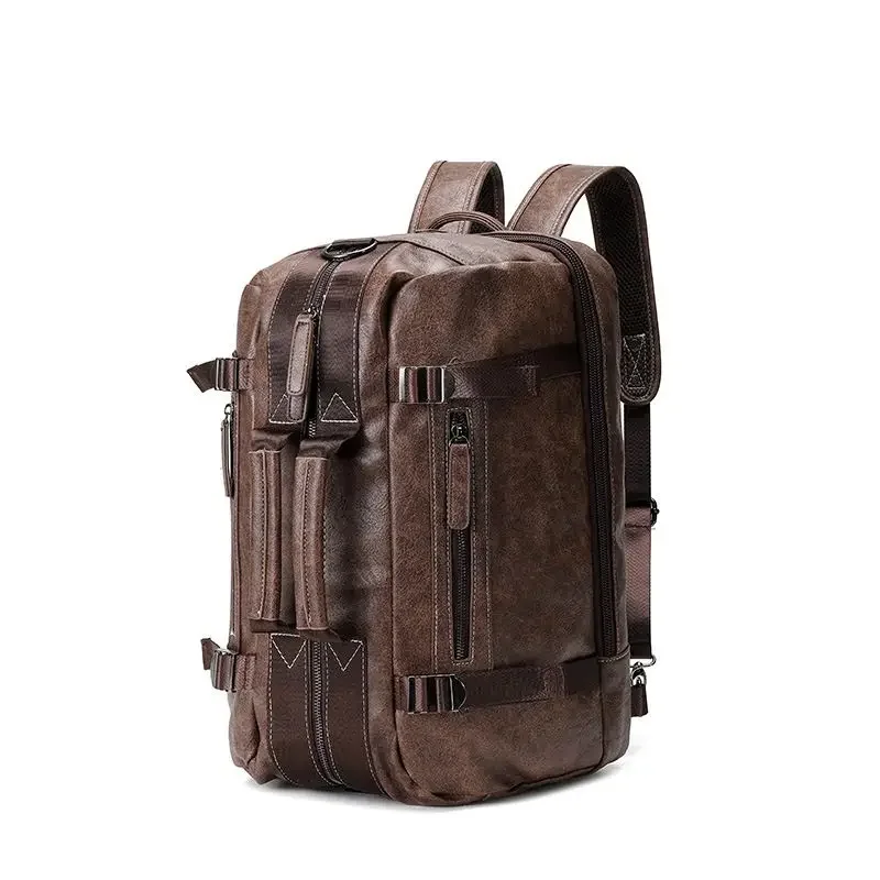 Large Capacity Business Trip Back Pack Men Luxury Brand PU Leather Backpack Men Vintage Travel Laptop Waterproof Multi Pocket