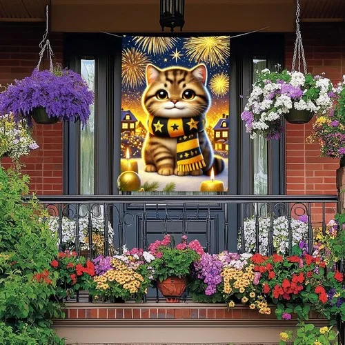 Happy New Year House Flag 28x40 Inch Double Sided Garden Flag Cute Cat with Scar PPZ