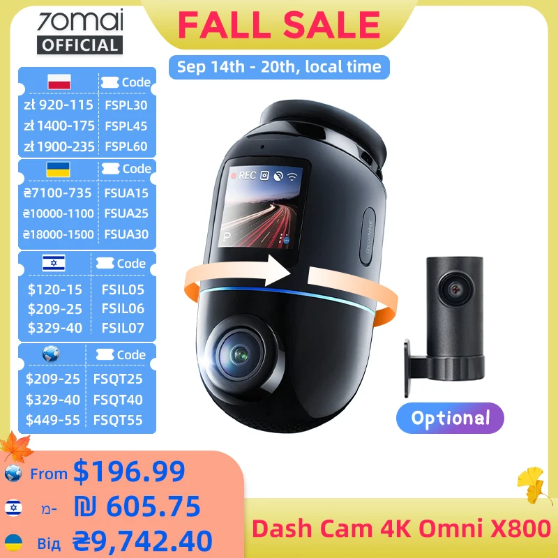 70mai Dash Cam 4K Omni X800 スマホで駐車監視 超美品 Global Version 70mai Dash Cam 4K Omni X800 360° Rotating Dual