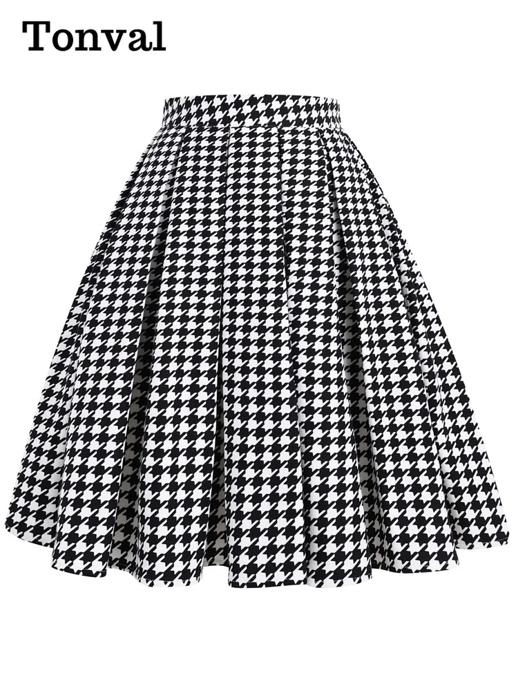 Tonval High Waist Houndstooth Plaid 50s Vintage Fashion Pleated Skirt Women Autumn Winter Knee Length Retro Skirts