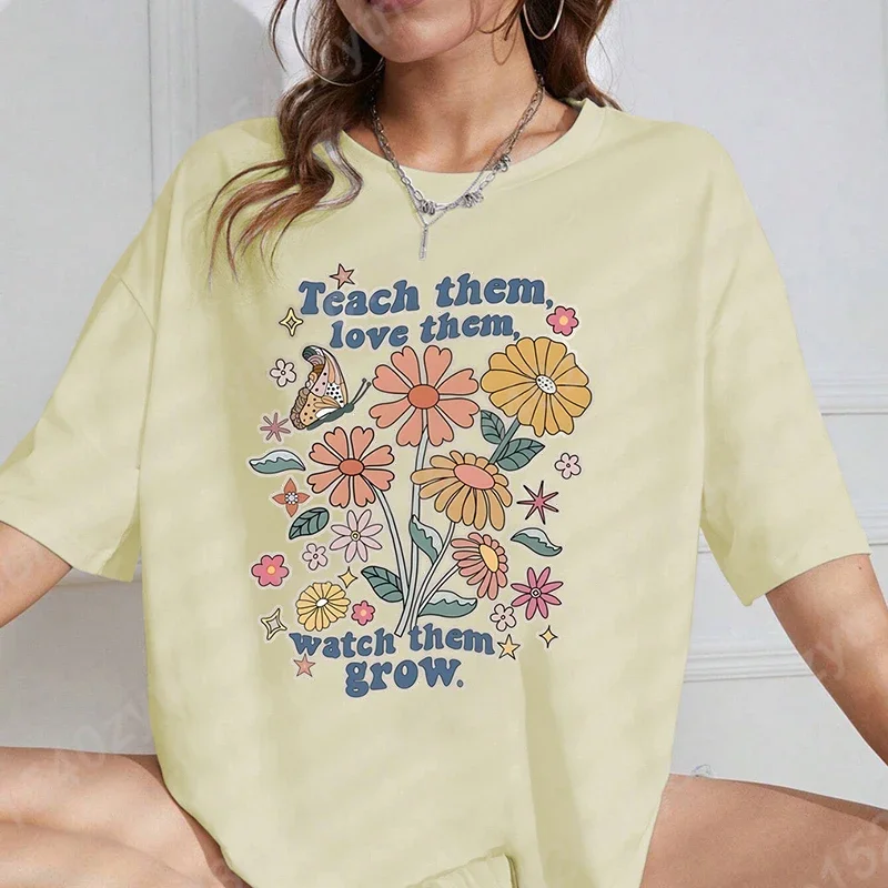 

Floral & Teacher Graphic T-shirts,Teach Them Love Them Watch Them Grow Print Casual Crew Neck Tee, Women Oversized T-shirts