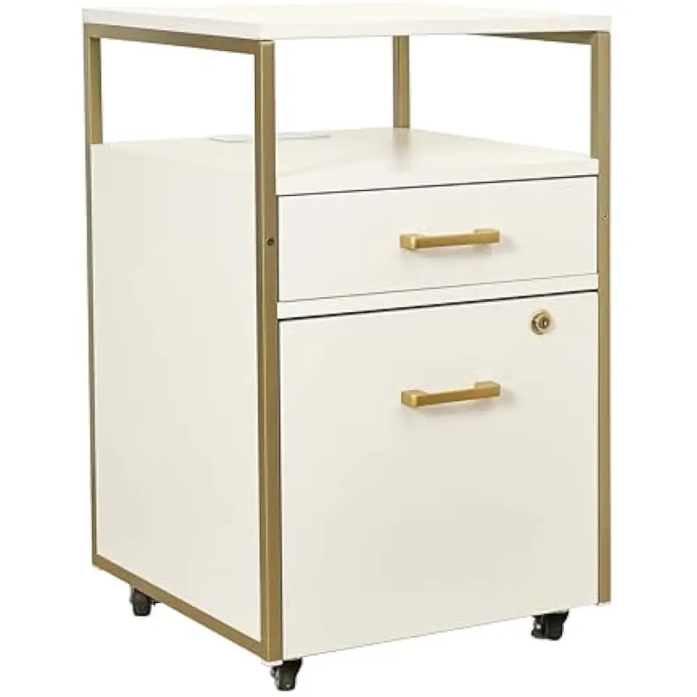 

2-Drawer Rolling File Cabinet w/Lock, 2 USB Ports and Power Outlet for Device Charging, Portable File Organizer & Locking Wheels