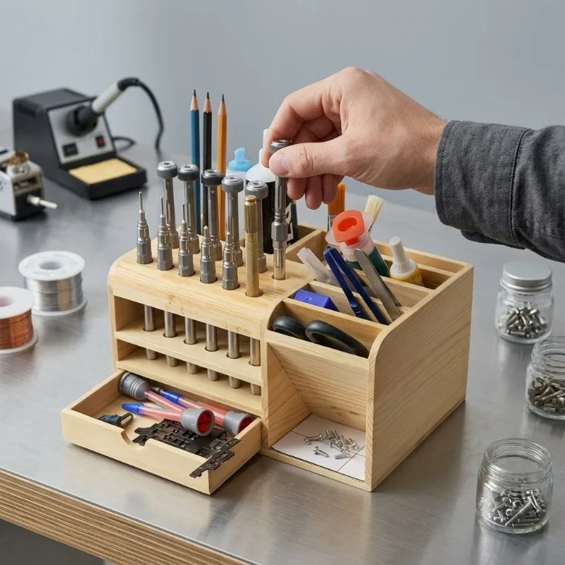Wooden Small Parts Tools Organizer Box Desktop Screwdriver Tweezer Pliers Stand Rack Phone Repair Tools Holder