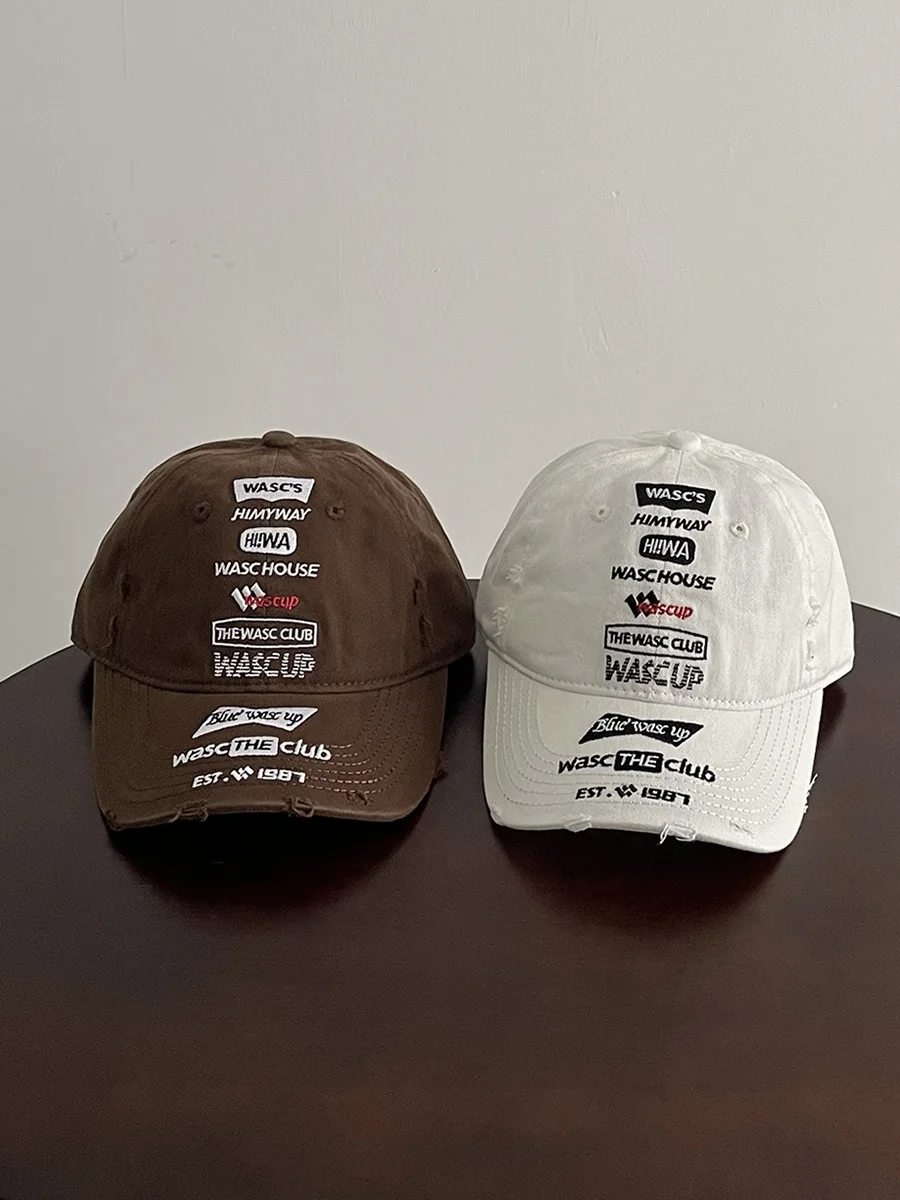 Street Style Baseball Cap Unisex Cotton Wide Brim Hat with Embroidered Weathered Letters for Couples Face Slimming Effect